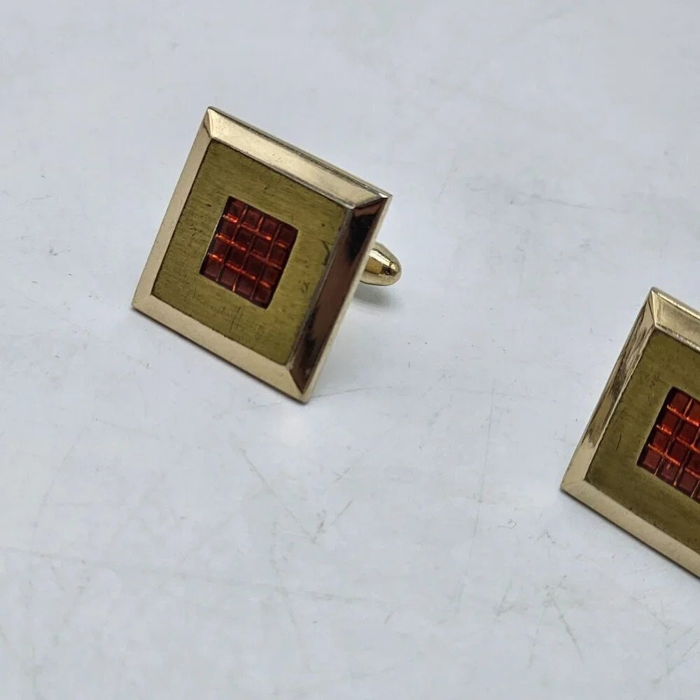 Vintage Gold Tone Orange Enamel Square Cufflinks with Bell Mark